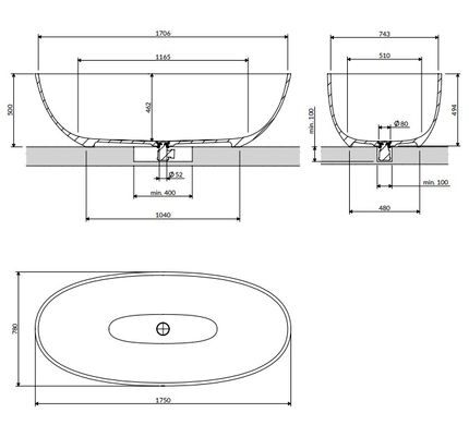 Ванна окрема OMNIRES SHELL M+ 175x78 ASH GREY