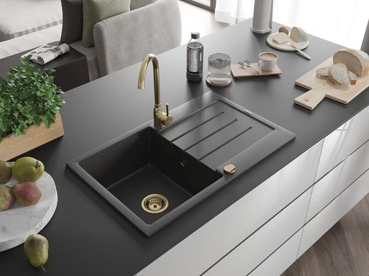 Гранітна кухонна мийка MEXEN BRUNO BLACK GRANITE + сифон GOLD