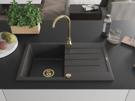 Гранитная кухонная мойка MEXEN BRUNO BLACK GRANITE + сифон GOLD