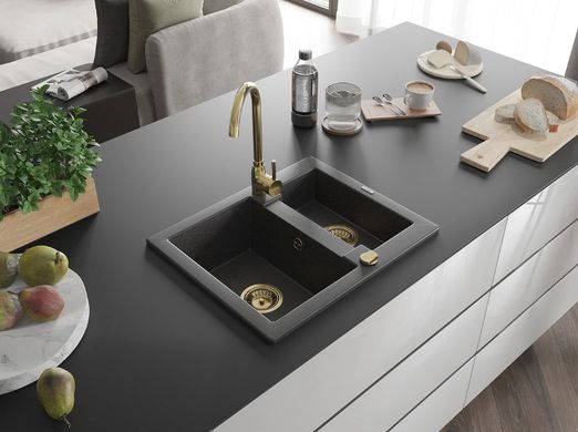 Гранитная кухонная мойка MEXEN CARLOS BLACK GRANITE + сифон GOLD