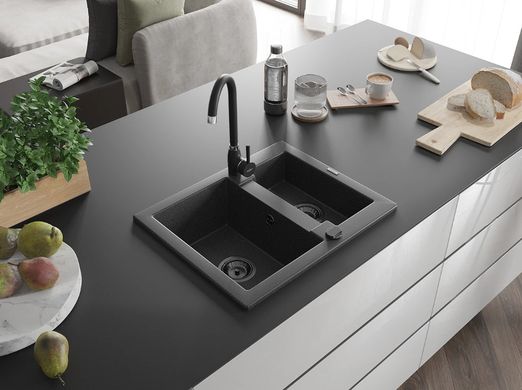 Гранитная кухонная мойка MEXEN CARLOS BLACK GRANITE + сифон BLACK