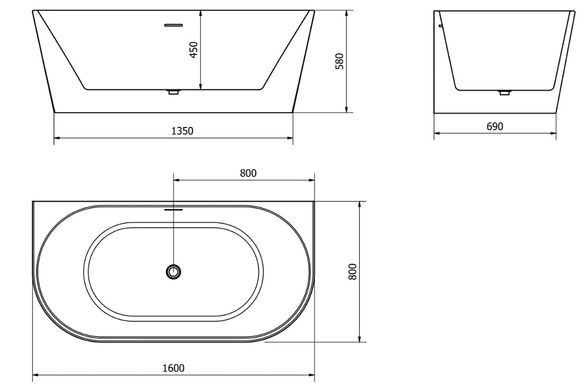 Ванна пристенная MEXEN OVAL 160x80 BLACK WHITE акриловая