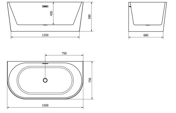 Ванна пристенная MEXEN OVAL 150x75 BLACK WHITE акриловая