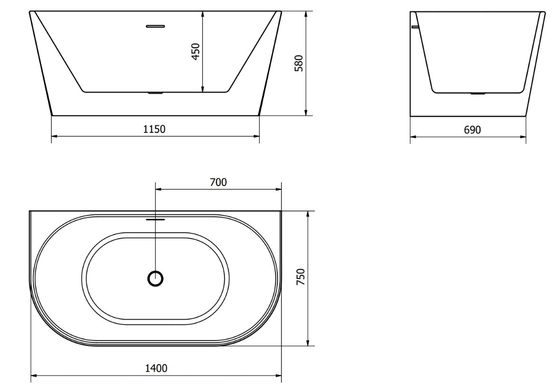 Ванна пристенная MEXEN OVAL 140x75 BLACK WHITE акриловая