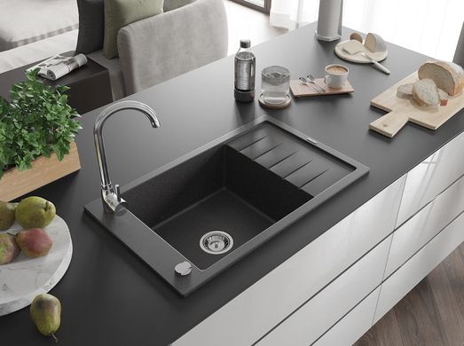 Гранитная кухонная мойка MEXEN ELIAS BLACK GRANITE + сифон CHROME