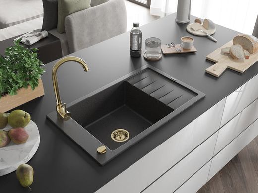 Гранитная кухонная мойка MEXEN ELIAS BLACK GRANITE + сифон GOLD