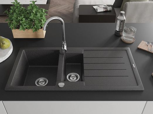 Гранитная кухонная мойка MEXEN ANDRES BLACK GRANITE + сифон CHROME