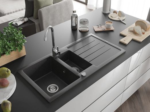 Гранитная кухонная мойка MEXEN ANDRES BLACK GRANITE + сифон CHROME