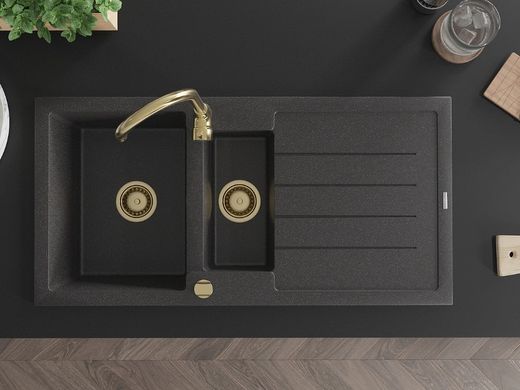 Гранитная кухонная мойка MEXEN ANDRES BLACK GRANITE + сифон GOLD