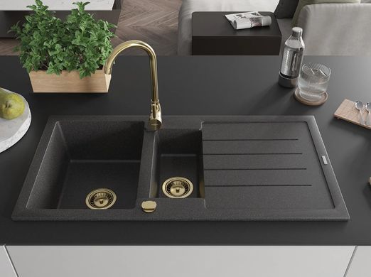 Гранитная кухонная мойка MEXEN ANDRES BLACK GRANITE + сифон GOLD