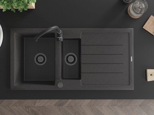 Гранитная кухонная мойка MEXEN ANDRES BLACK GRANITE + сифон BLACK