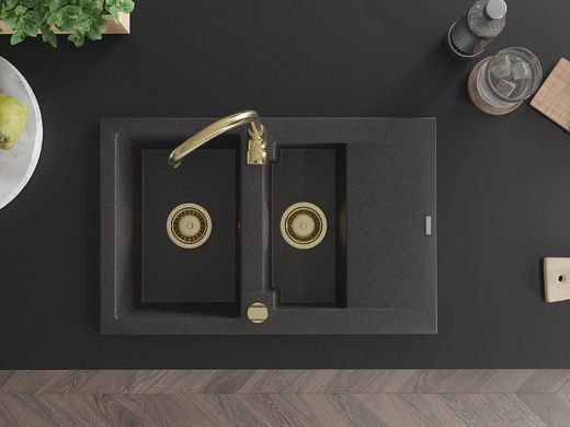 Гранітна кухонна мийка MEXEN GASPAR BLACK GRANITE + сифон GOLD