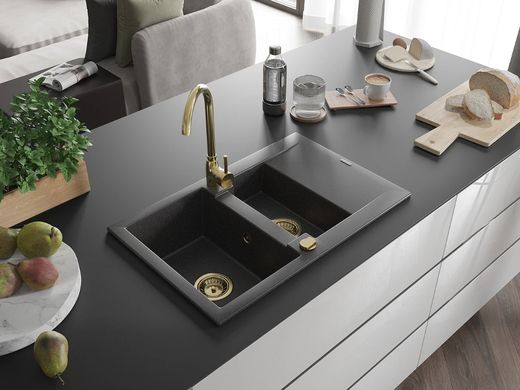 Гранітна кухонна мийка MEXEN GASPAR BLACK GRANITE + сифон GOLD