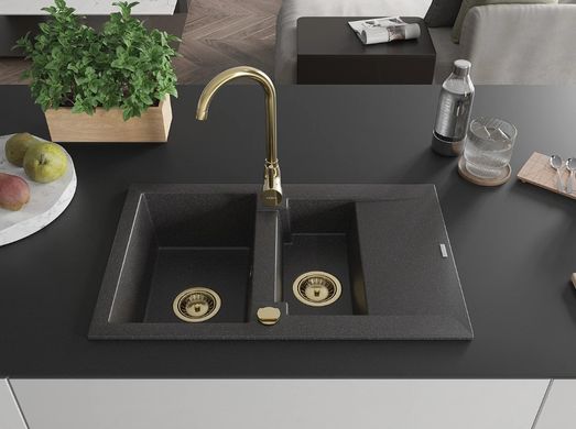 Гранитная кухонная мойка MEXEN GASPAR BLACK GRANITE + сифон GOLD