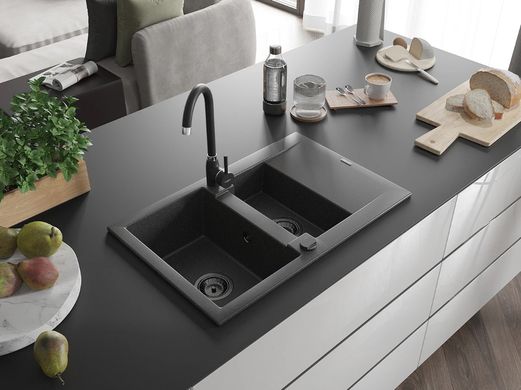 Гранітна кухонна мийка MEXEN GASPAR BLACK GRANITE + сифон BLACK